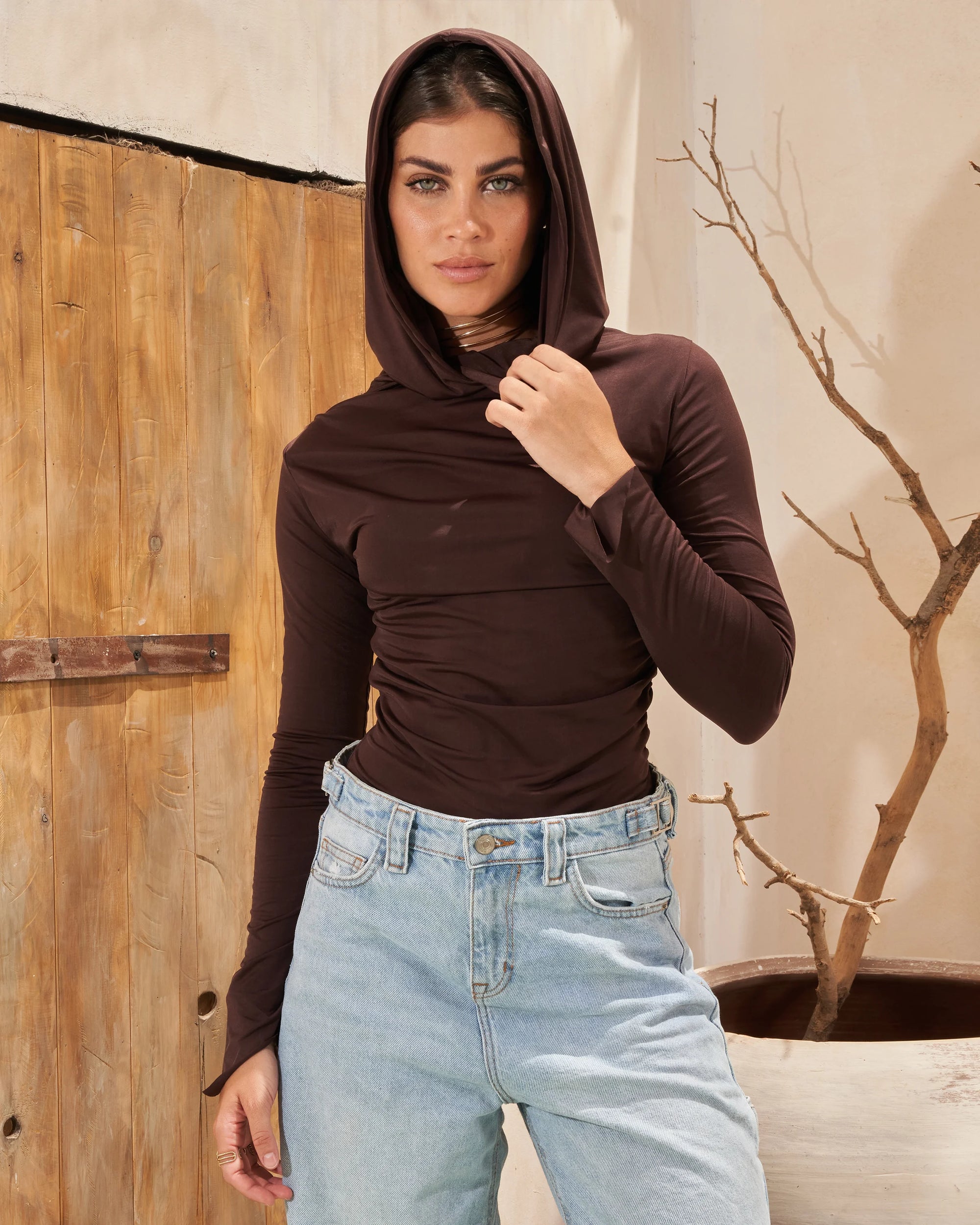 SOLA HOODED TOP IN BROWN